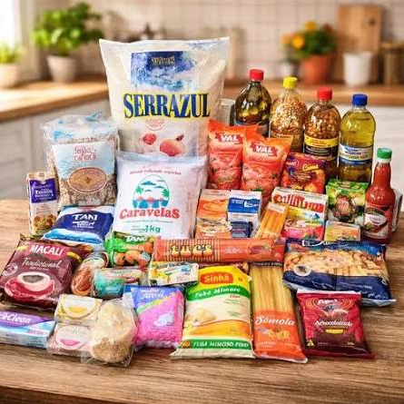 Cesta com arroz, feijão, macarrão, óleo, café e outros alimentos essenciais